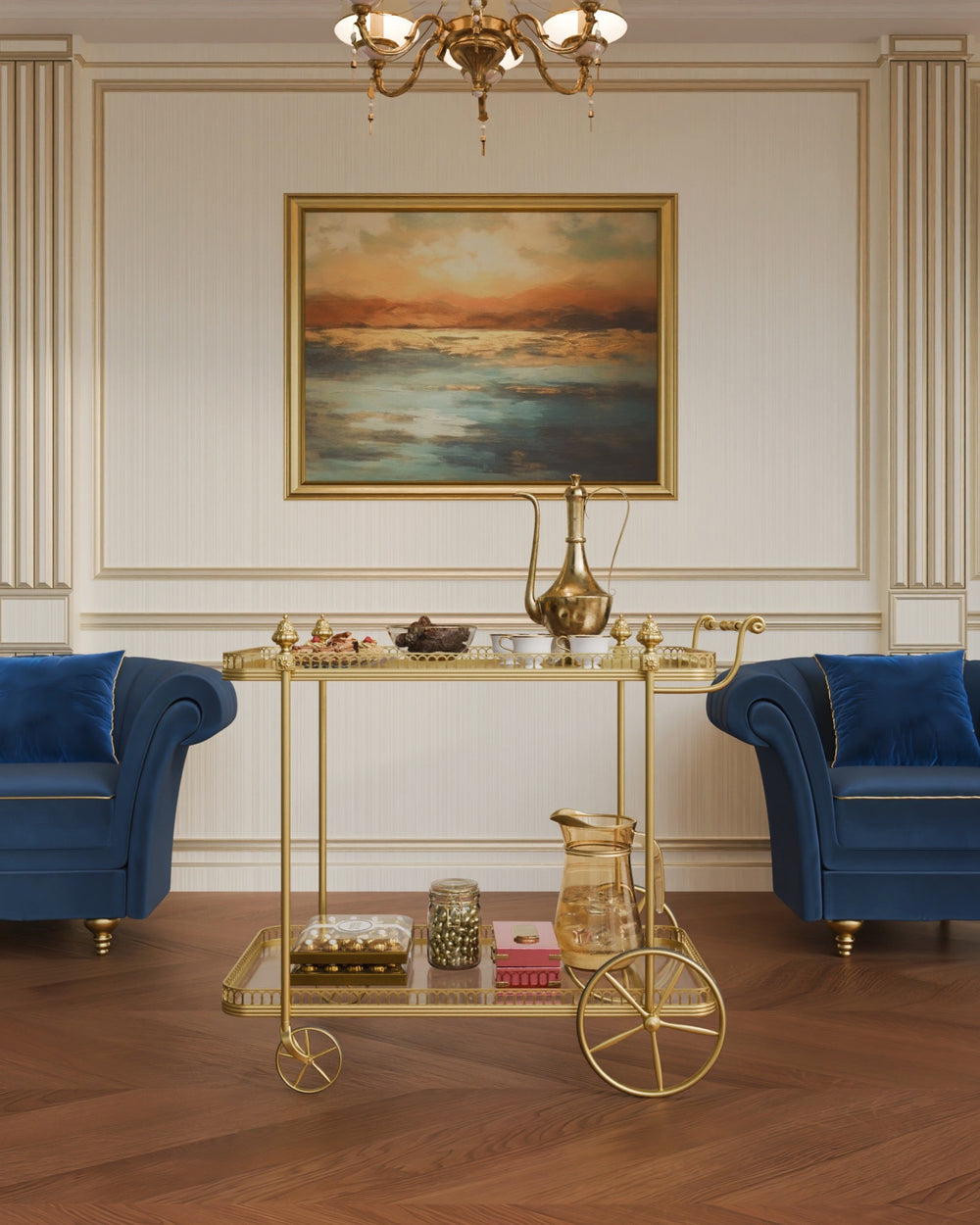 Antique gold Alicia serving trolley styled in a classic living room with coffee set and pastries