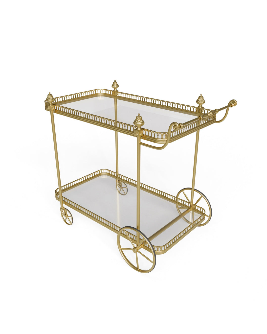 Rear angle view of the Alicia serving trolley showing dual trays and rolling gold wheels