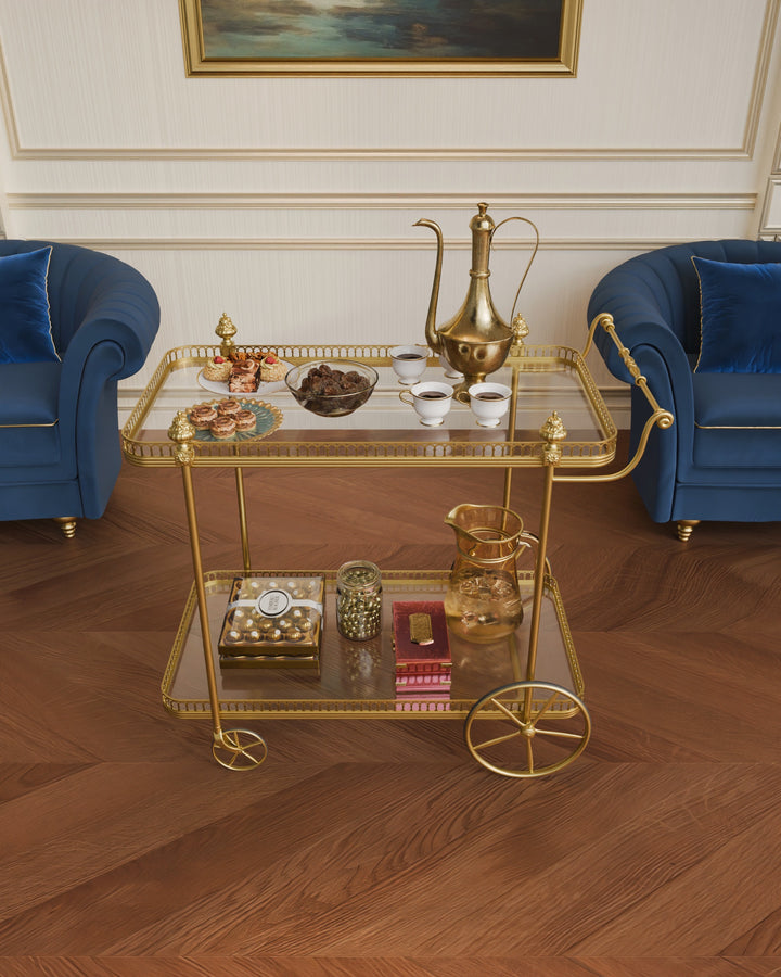 Front view of the Alicia serving trolley styled with Arabic coffee set and glassware