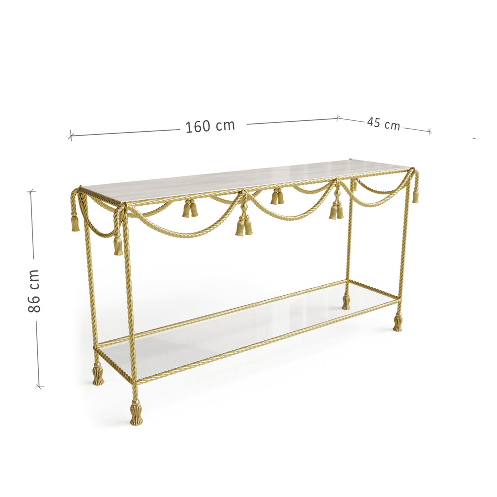 Decorative console table with gold accents and tassels, shown with dimensions on a white background.