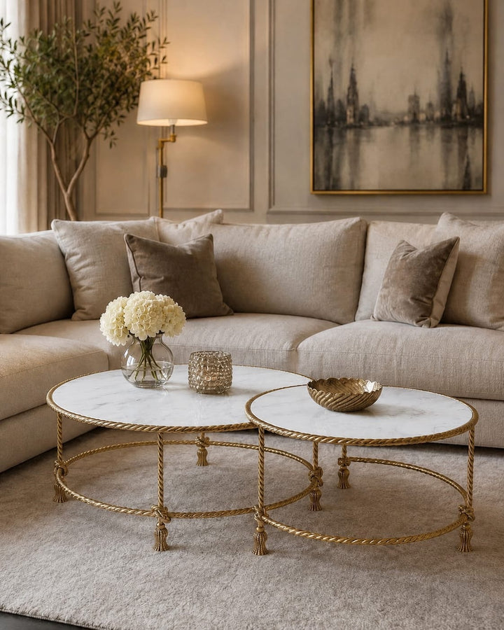 Allegra nesting tables with natural white marble tops, handcrafted gold rope-inspired frames, knotted details, and tassel feet in an elegant living room.