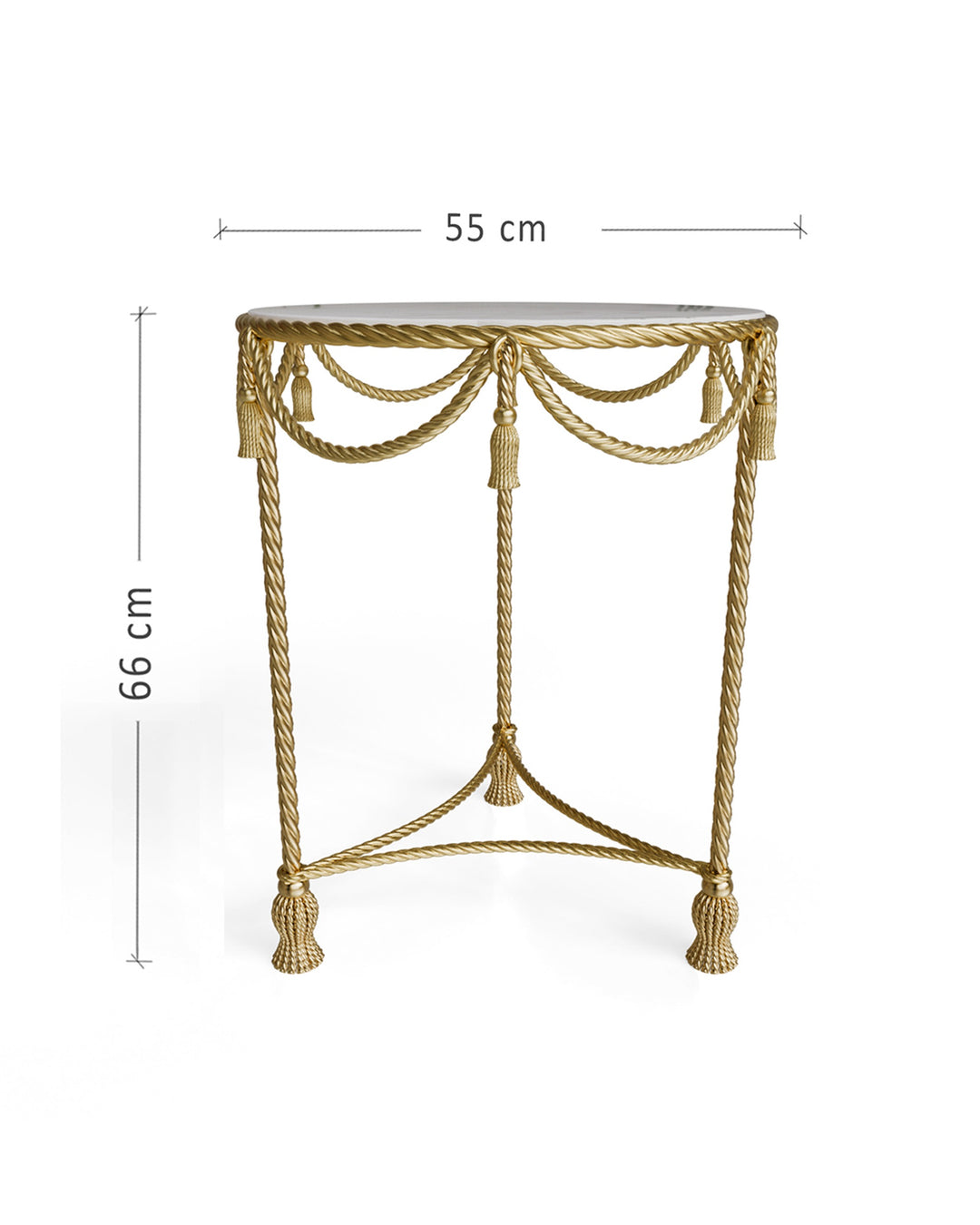 Allegra round side table dimensions showing 55 cm diameter and 66 cm height, with gold metal base and marble top.
