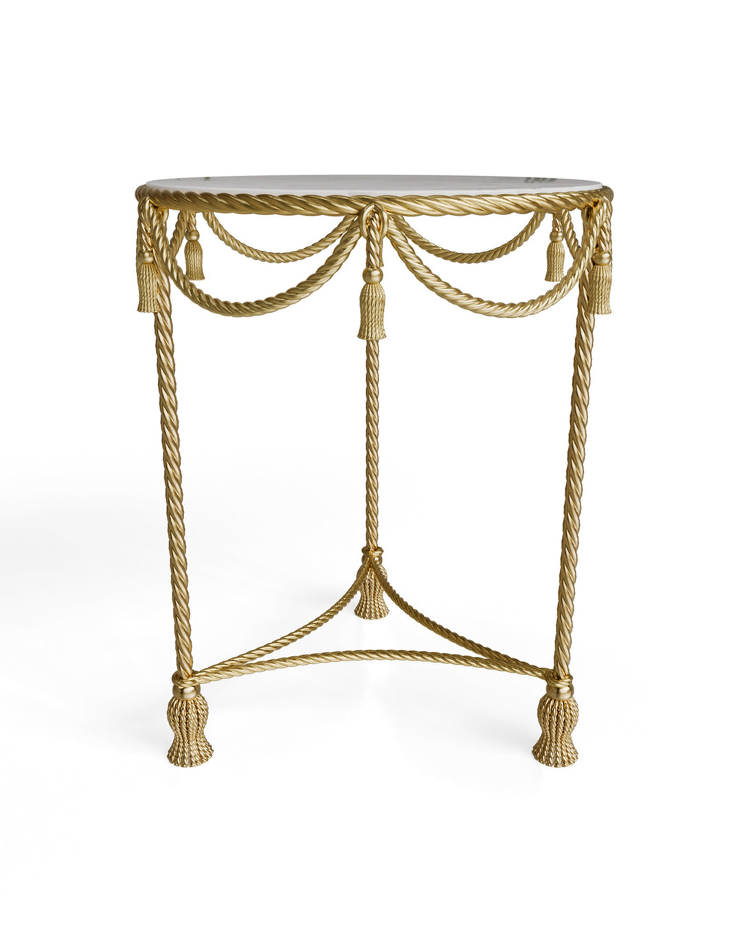 Allegra round side table in gold with marble top, handcrafted with rope-inspired metal structure.
