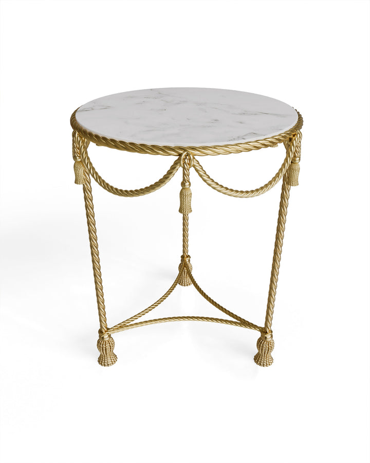 Allegra round side table in gold with marble top, highlighting the round marble surface and decorative rope metal frame.