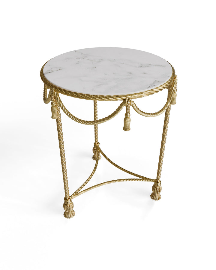 Top view of Allegra round side table in gold with marble top, highlighting the marble surface and decorative details.