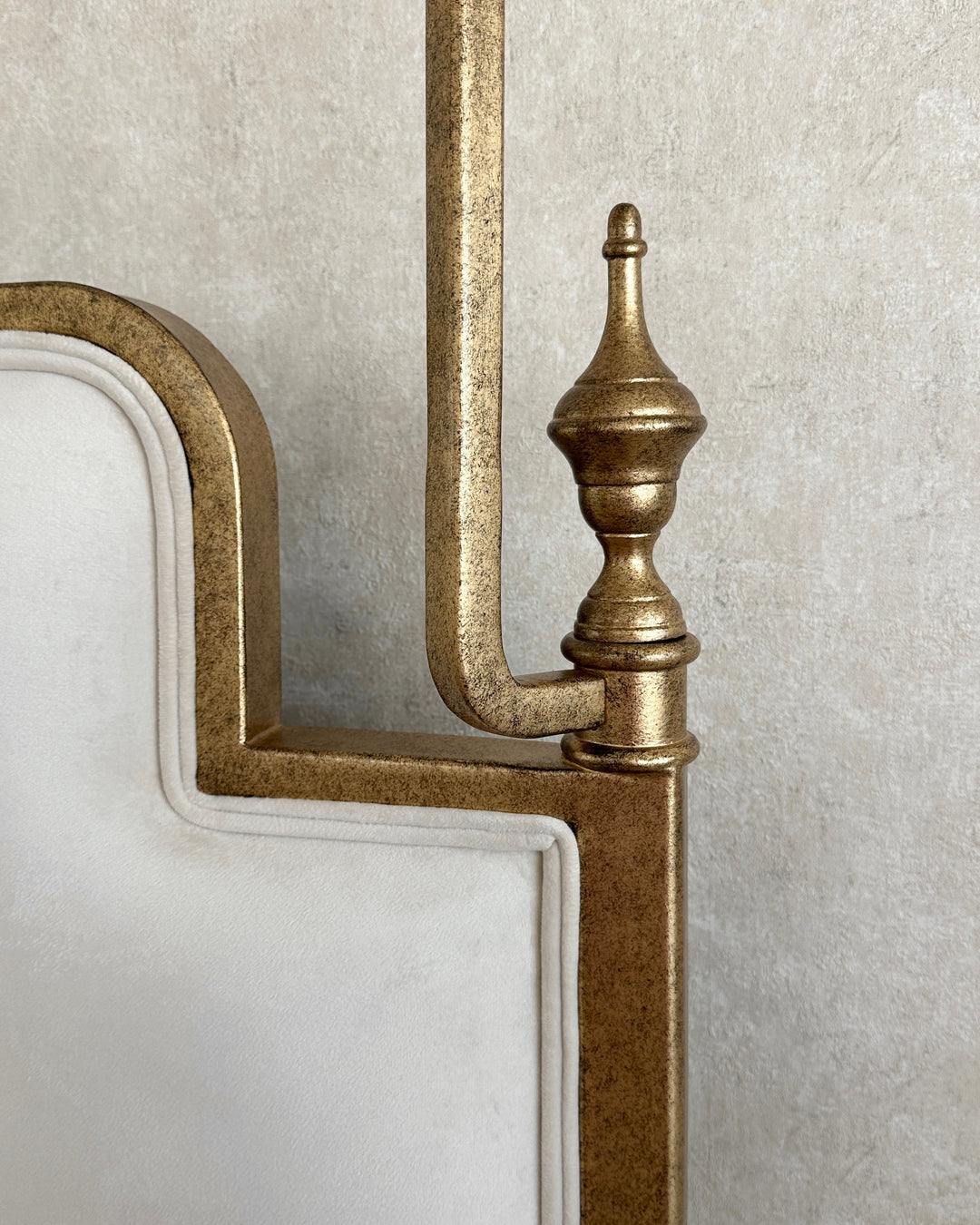 Detail of Ella luxury canopy bed frame with sculpted metal finish