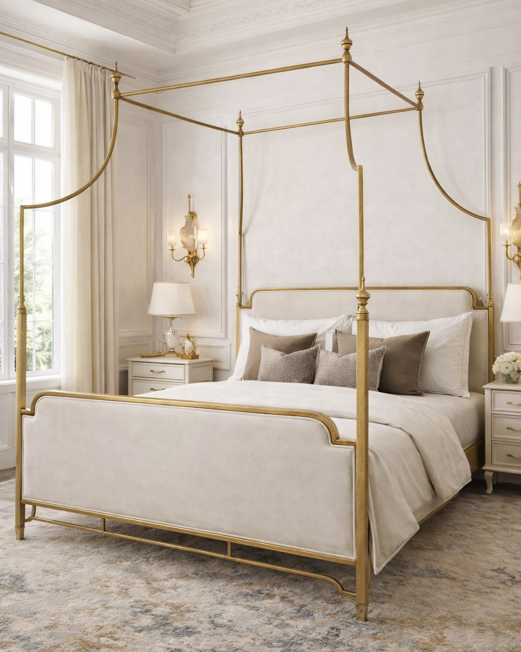 Ella luxury upholstered canopy bed with elegant gold metal frame by Choufani UAE