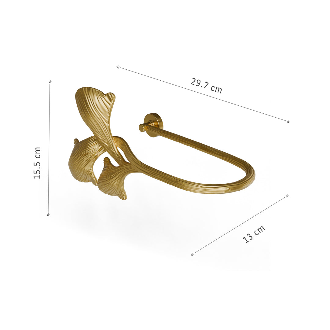Gold decorative curtain holdback with dimensions on a white background