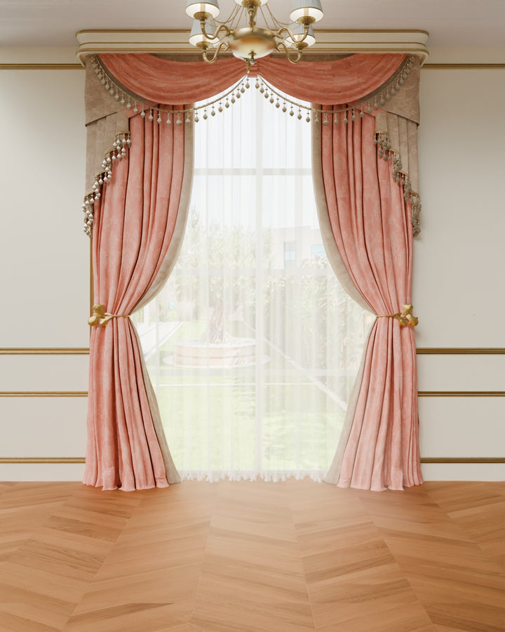 Pink curtains with decorative holdbacks in a room with wooden floor and white walls.