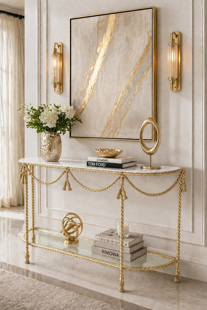 Decorative console table with gold accents in a stylish interior setting.