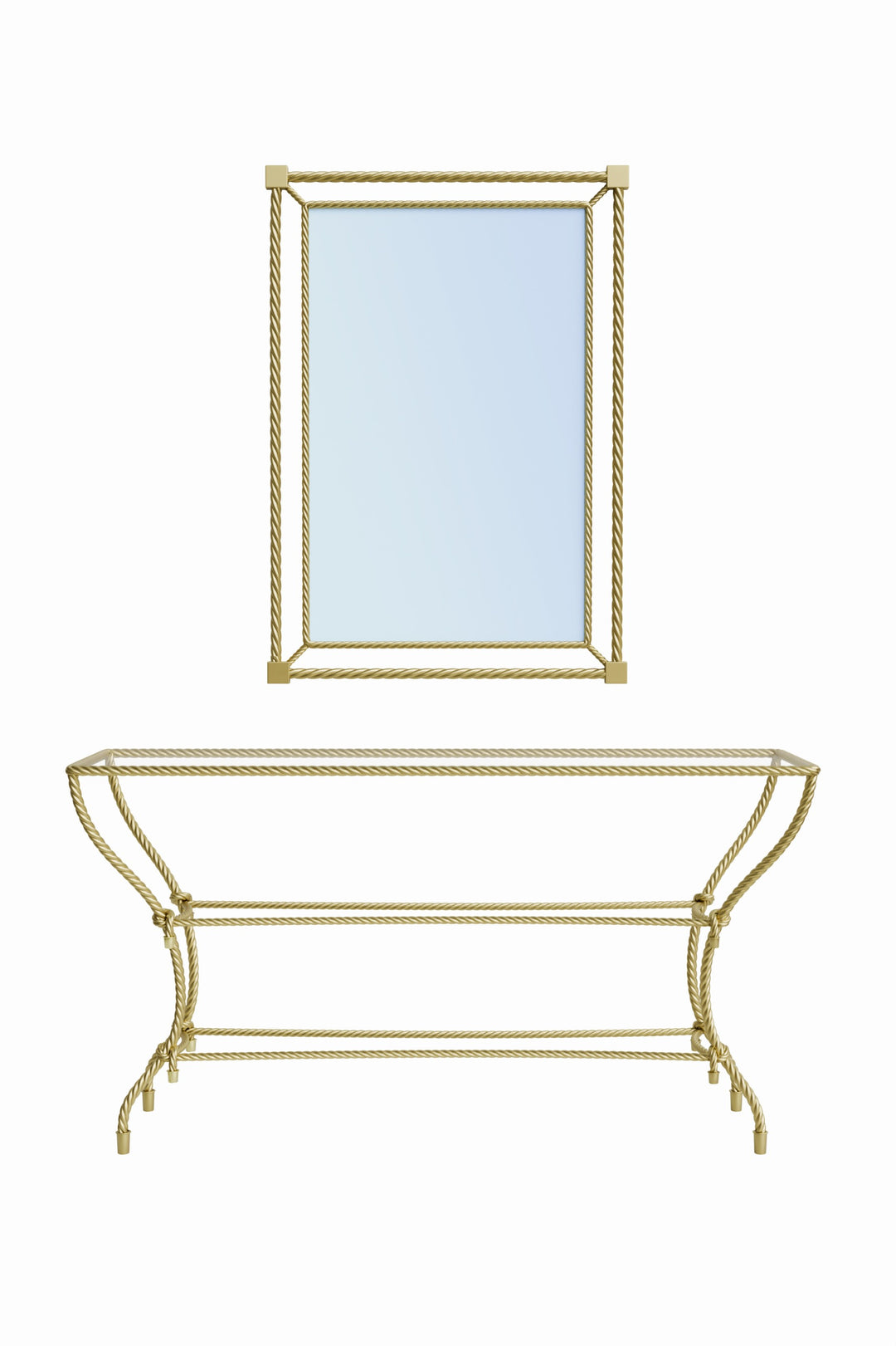 Noura console table and mirror set in gold finish, featuring handcrafted rope-style metal detailing on a white background.