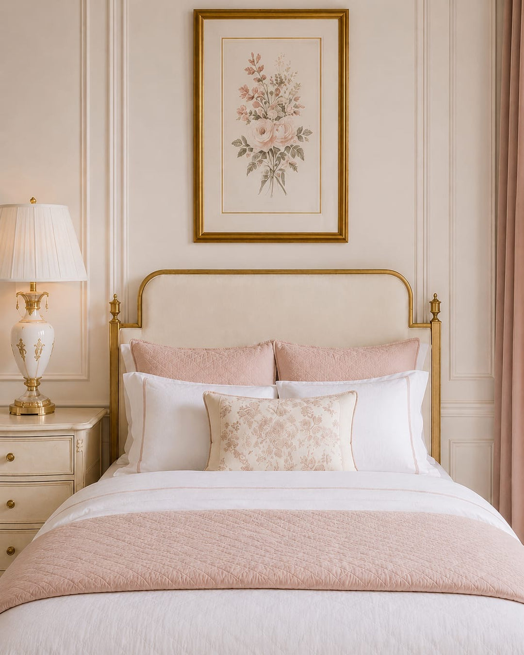 Evita luxury upholstered bed with elegant gold metal frame by Choufani UAE