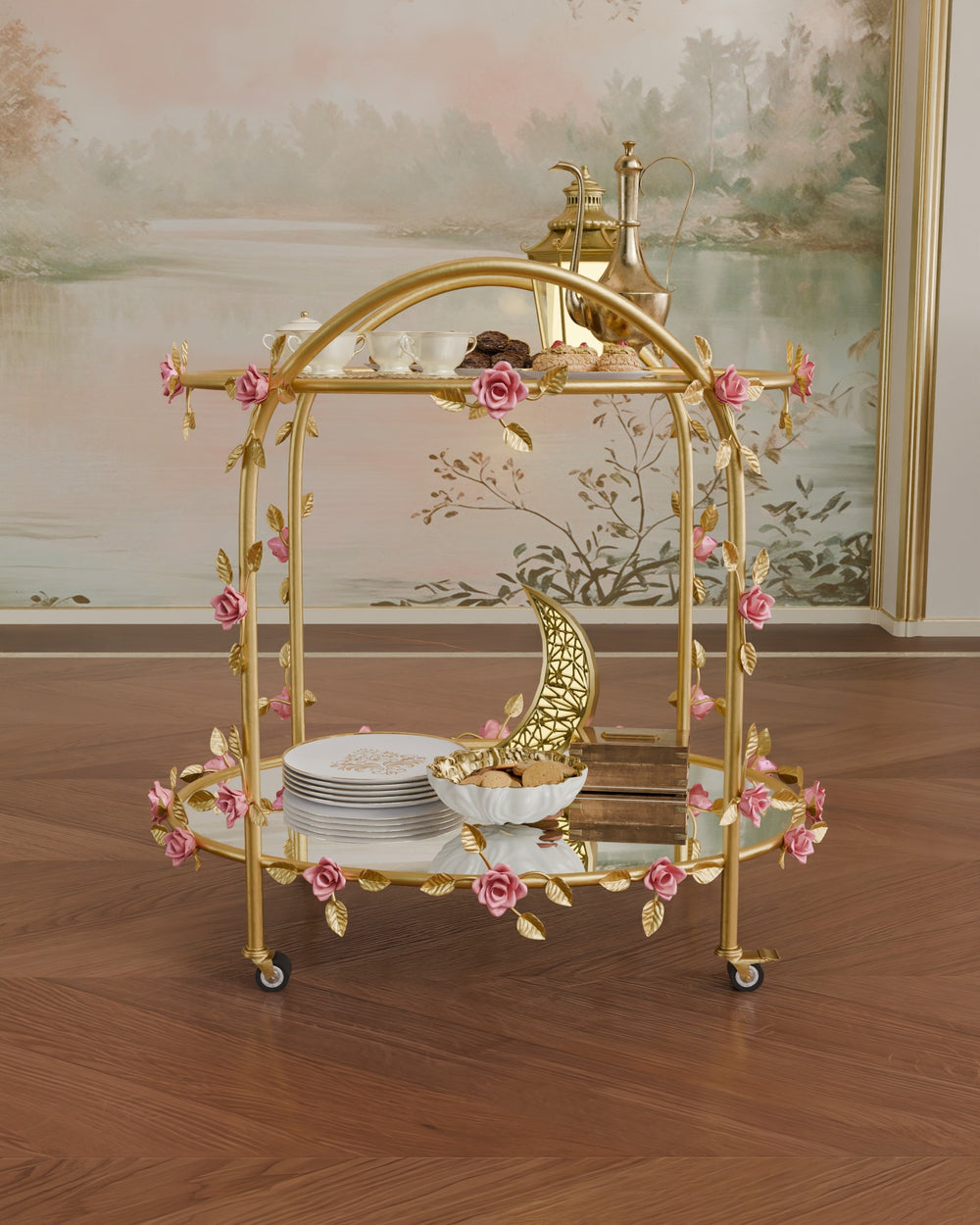 Front view of Rosetta rose serving trolley in gold wrought iron with pink floral accents and glass and mirror shelves