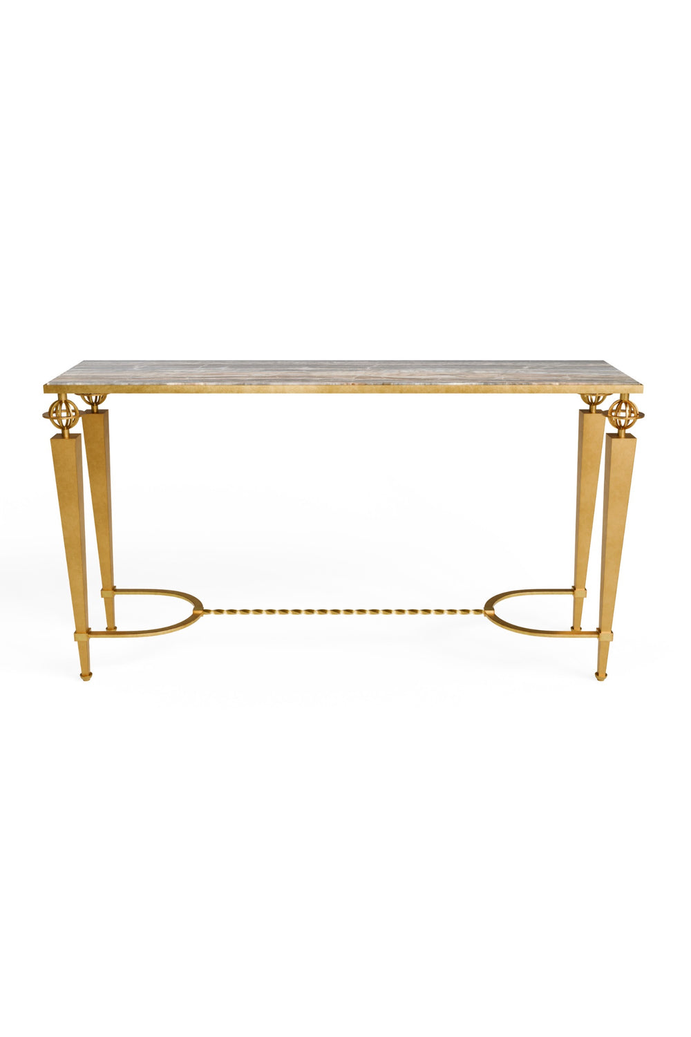 Front view of the Gilbert Console Table highlighting the geometric gold legs, central twisted stretcher, and refined onyx surface.