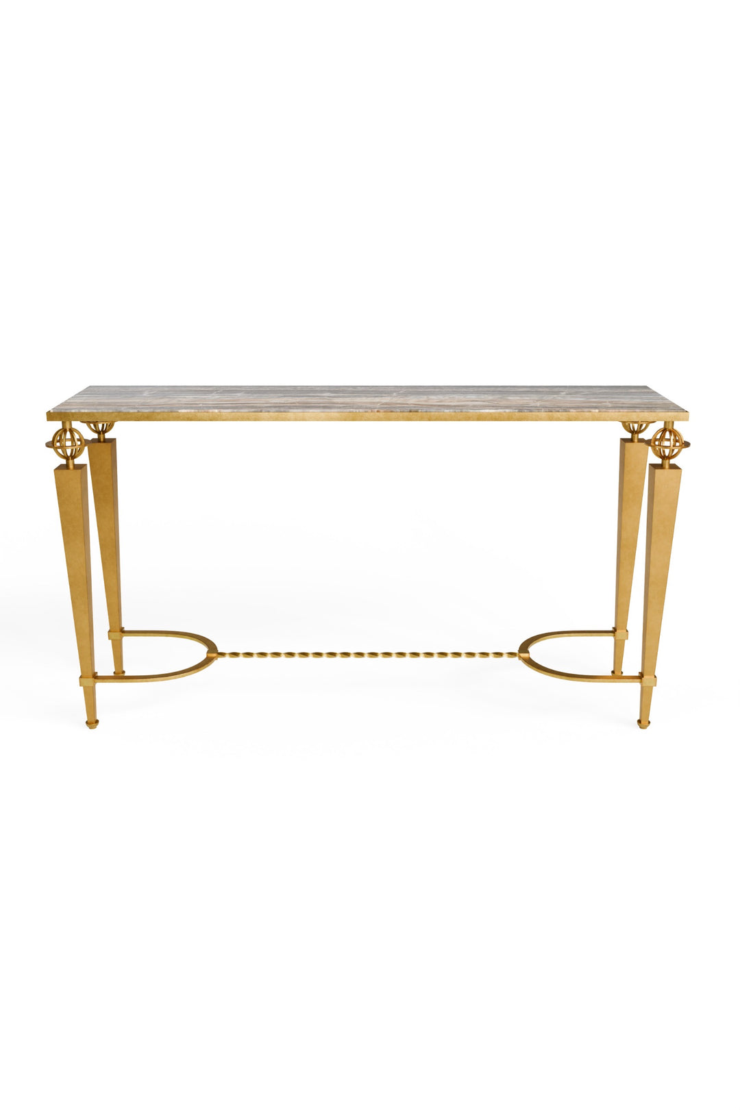 Front view of the Gilbert Console Table highlighting the geometric gold legs, central twisted stretcher, and refined onyx surface.