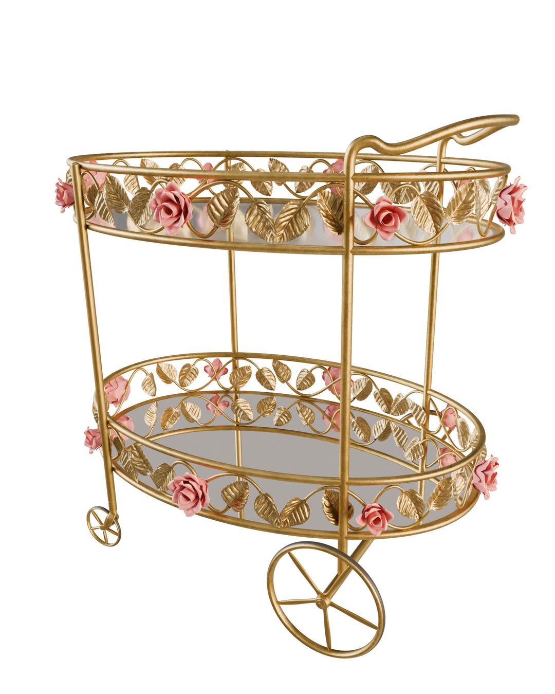 Back view of the Juliet serving trolley in gold with decorative pink roses and mirrored glass shelves