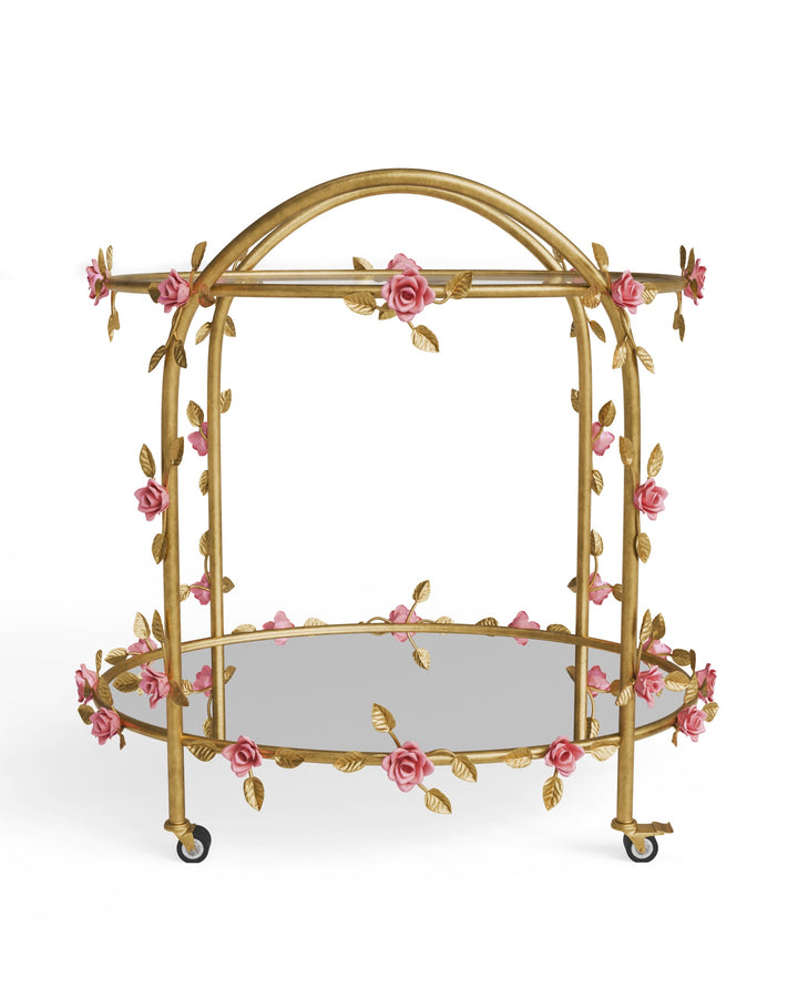 Rosetta bar trolley in gold metal with sculpted roses and two-tier glass and mirror shelves