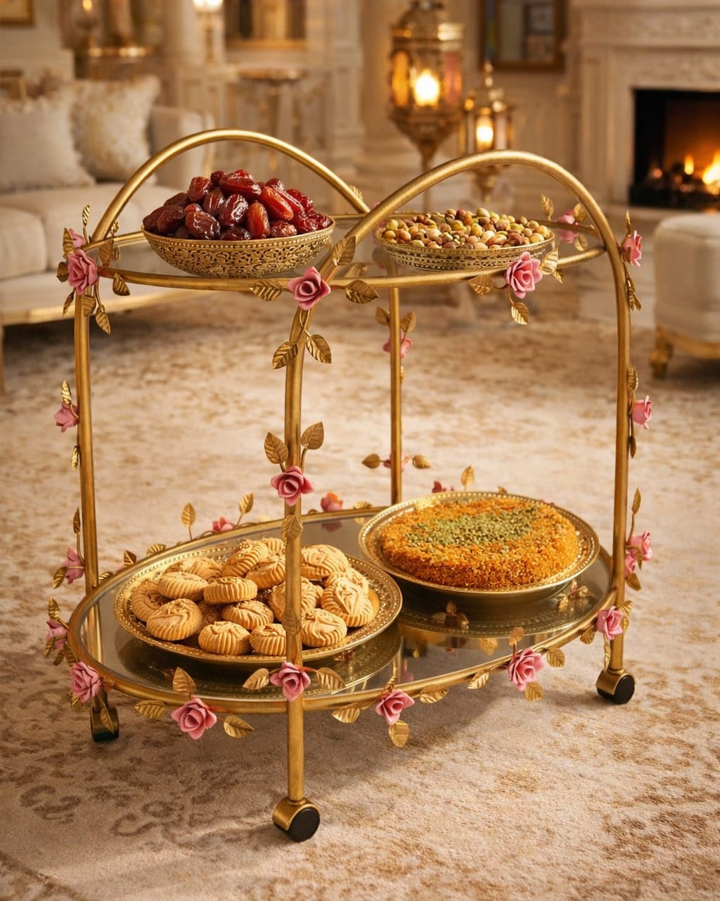 Rosetta rose serving trolley in gold metal with floral details and glass shelves, styled with dates, pastries, and nuts in a luxury living room setting