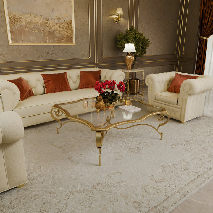 Side view of Regina table showing twisted edge and arabesque legs