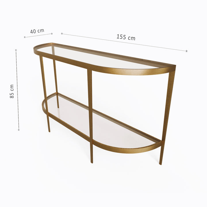 Half-moon console with sculptural legs annotated with dimensions