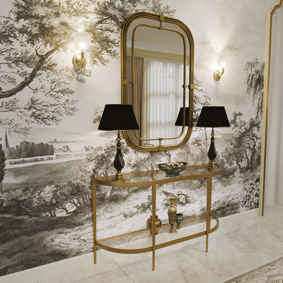 Modern half-moon console with tall gold-framed mirror, part of the Selina collection by Choufani