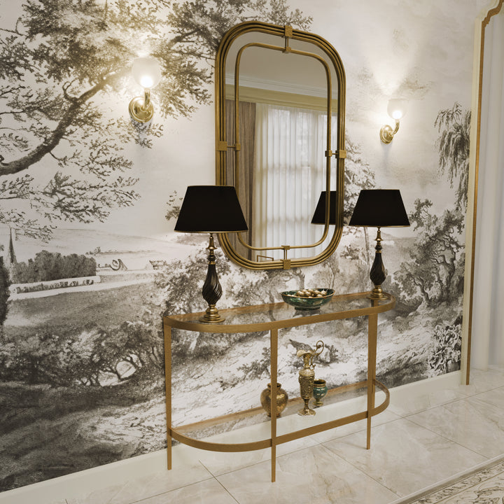 Modern half-moon console with tall gold-framed mirror, part of the Selina collection by Choufani
