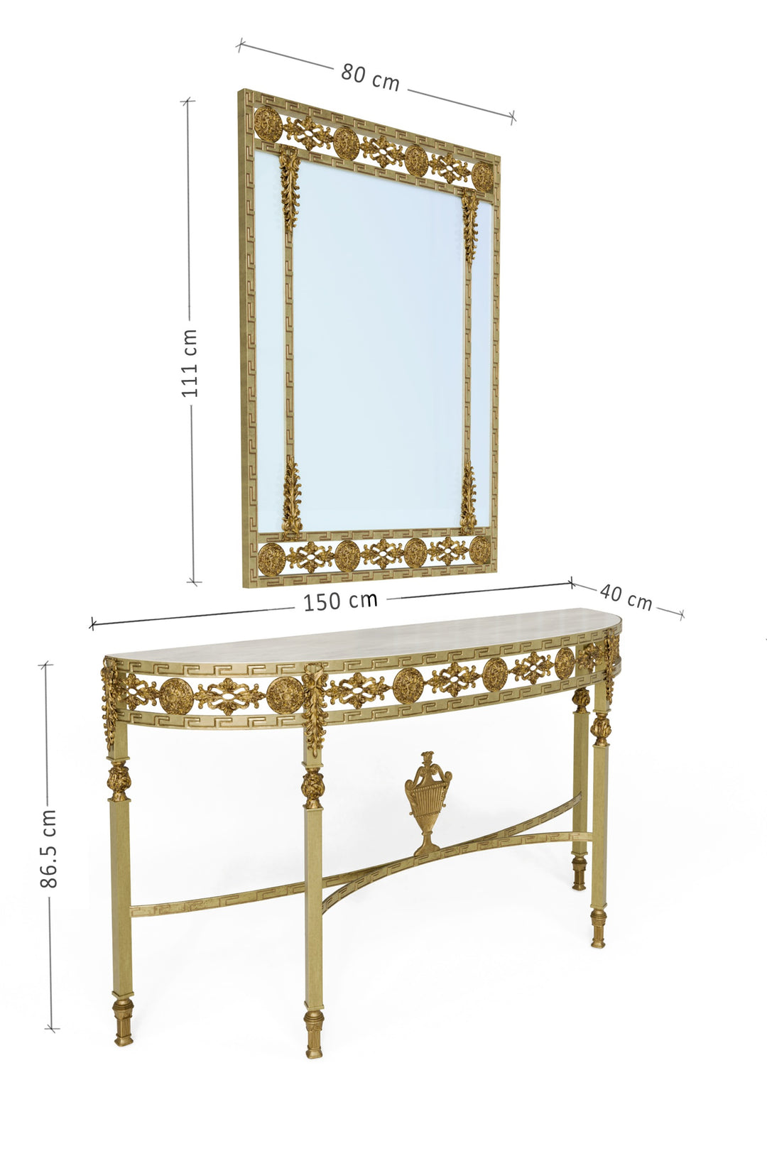 Sylvia console and mirror set in antique gold with white marble top; console 150 × 40 × 86.5 cm and mirror 80 × 111 cm