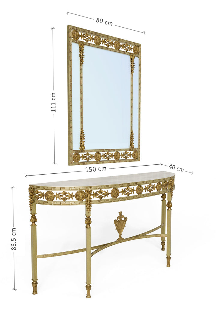 Sylvia console and mirror set in antique gold with white marble top; console 150 × 40 × 86.5 cm and mirror 80 × 111 cm
