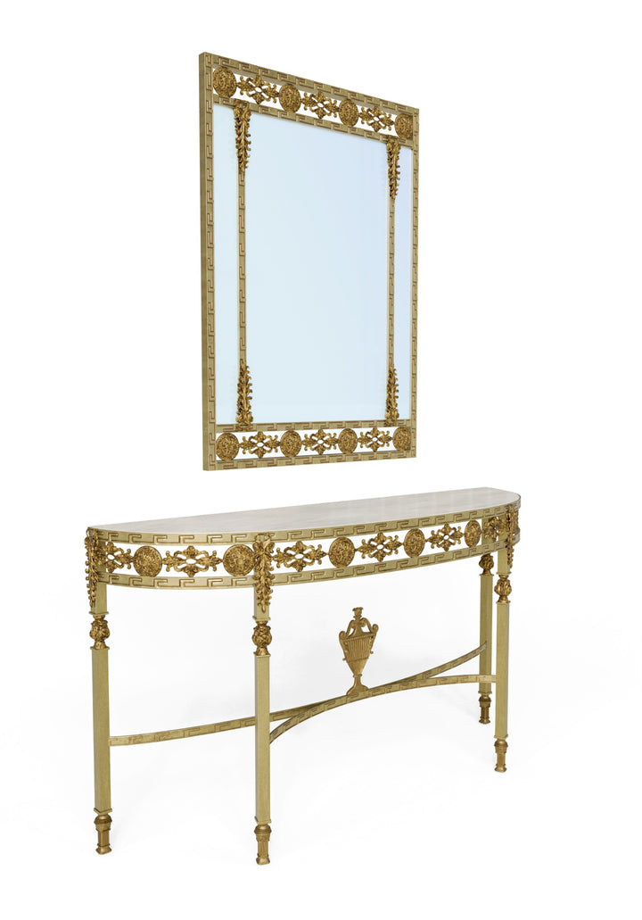 Sylvia console table with matching antique gold mirror, both in forged iron, shown together on a white background.