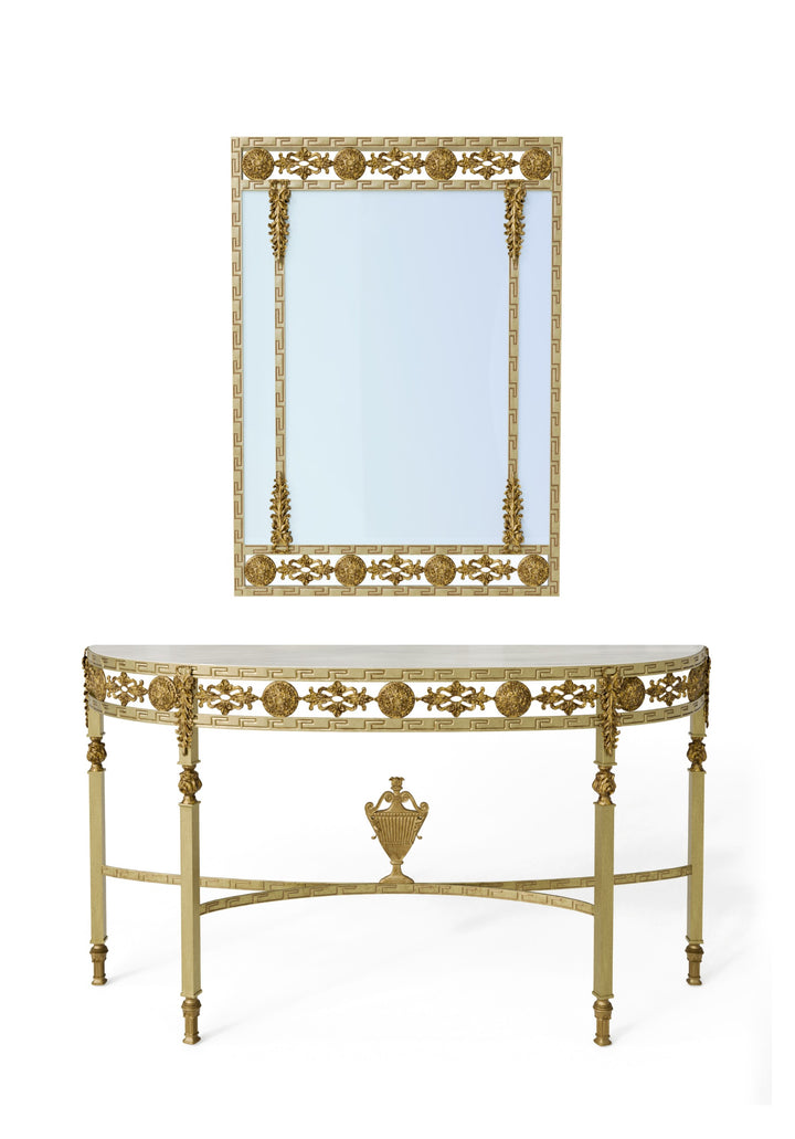 Sylvia console table and matching antique gold mirror displayed together in a stacked studio composition on a white background.