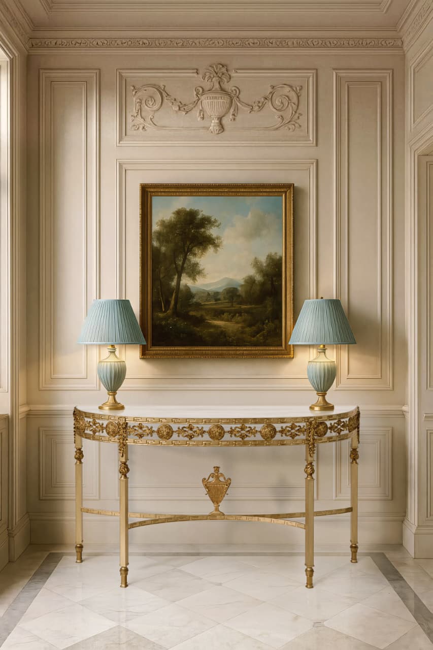 Sylvia console table in antique gold forged iron with marble top, styled in a classical interior beneath framed artwork.