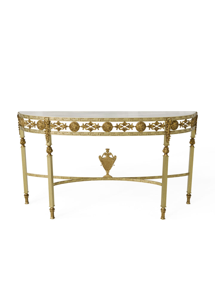 Front view of the Sylvia console table in antique gold forged iron with marble top on a white background.
