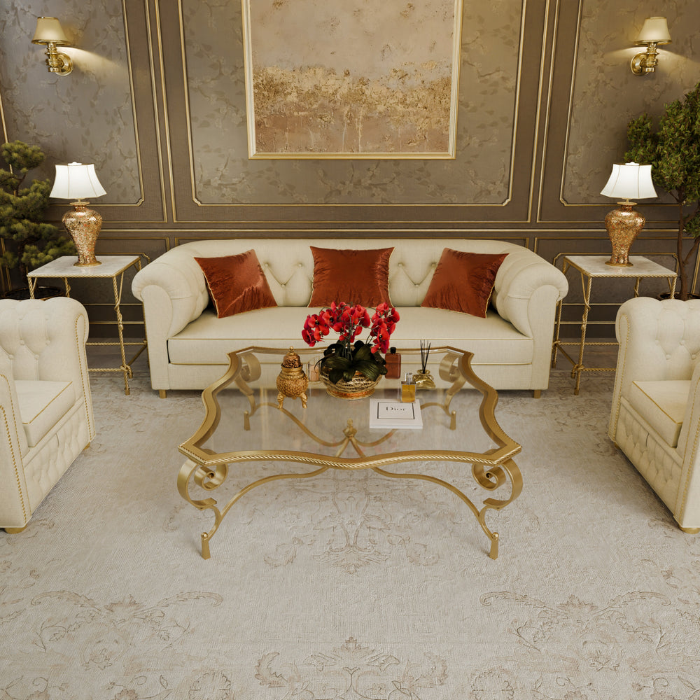 Top view of Regina table with contoured glass and decorative frame
