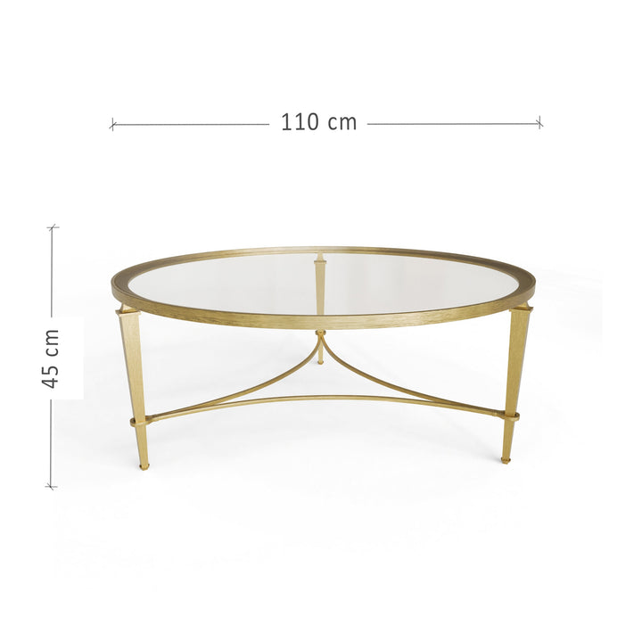 Gold coffee table with dimensions on a white background