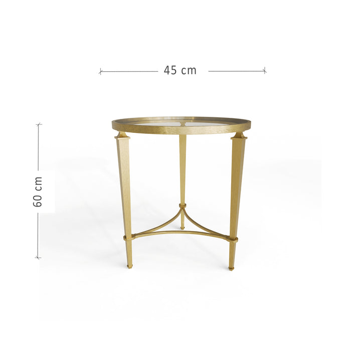 Gold side table with dimensions on a white background
