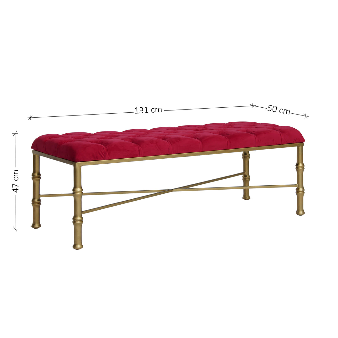 Accent metal golden bench with bamboo styled legs, topped with a red velvet capitone cushion; with annotated dimensions