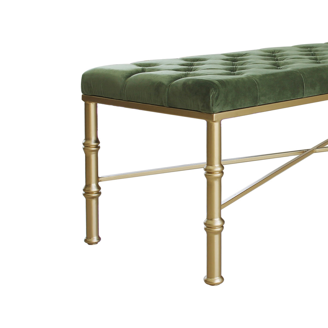 Upholstered green velvet bench with golden forged steel legs