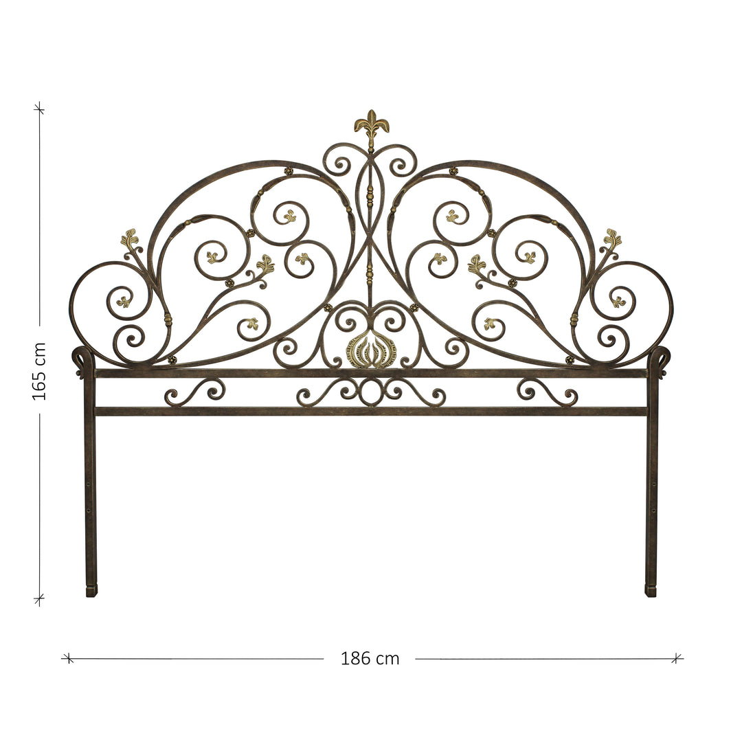 King size classical metal headboard, with scrolls and leaves painted in an antique bronze finish; with annotated dimensions