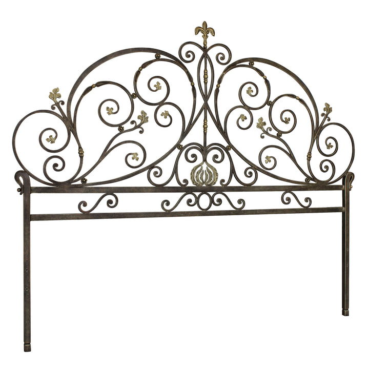 Double size headboard of a neoclassical bed; with scrolls and leaves, in an antique bronze paint finish
