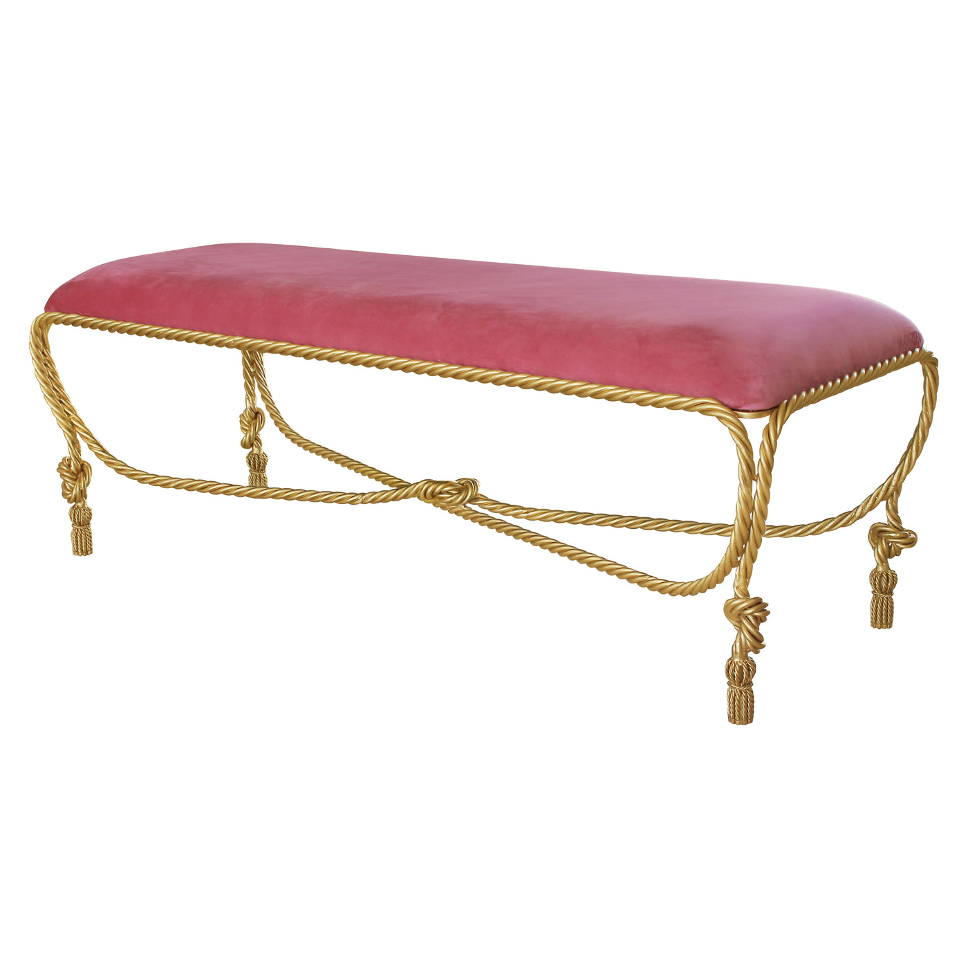 A unique metal golden bench with rope styled legs, topped with a pink velvet cushion