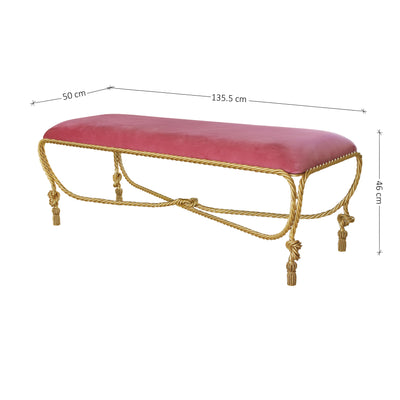 Accent metal golden bench with rope styled legs, topped with pink velvet, with annotated dimensions