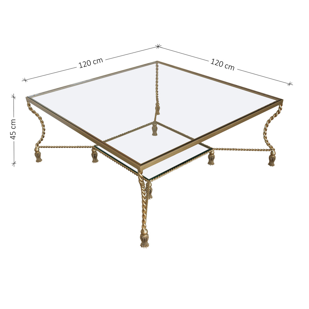 Golden metal majlis table inspired from twisted rope and curtain tassels topped with glass