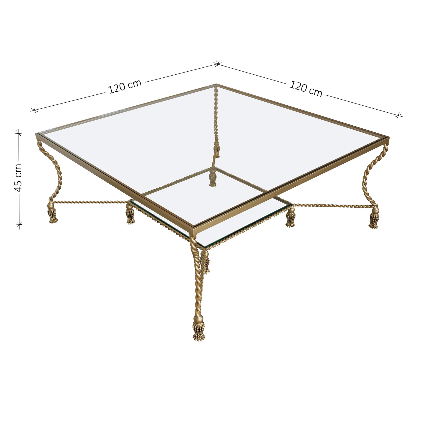 Golden metal majlis table inspired from twisted rope and curtain tassels topped with glass