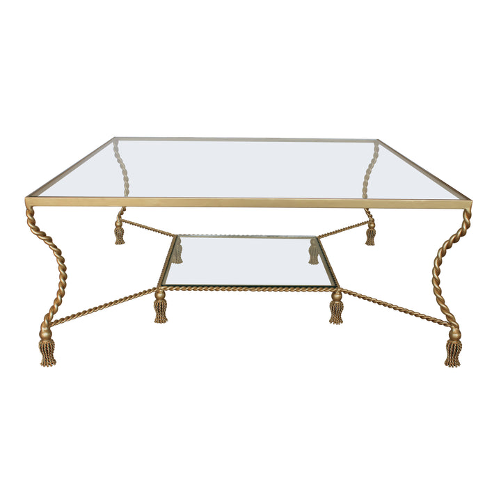 Large square shaped golden table handmade from iron topped with glass