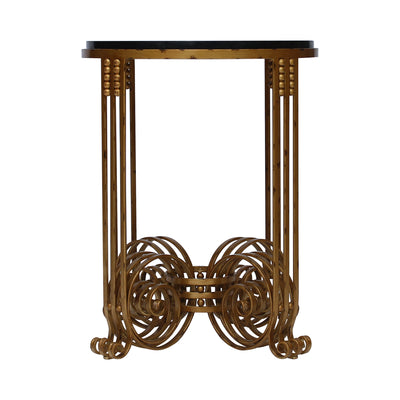 A frontal view of a luxurious wrought iron side table inspired by the Art Deco style