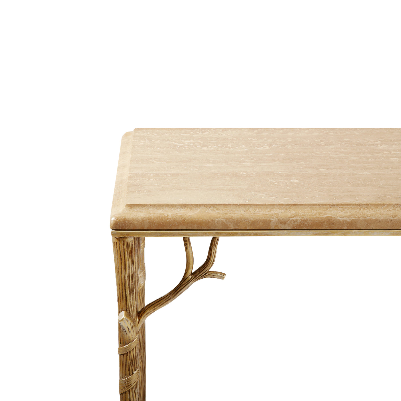 Corner close up of a luxury console table showing natural travertine marble top and organic branch inspired base