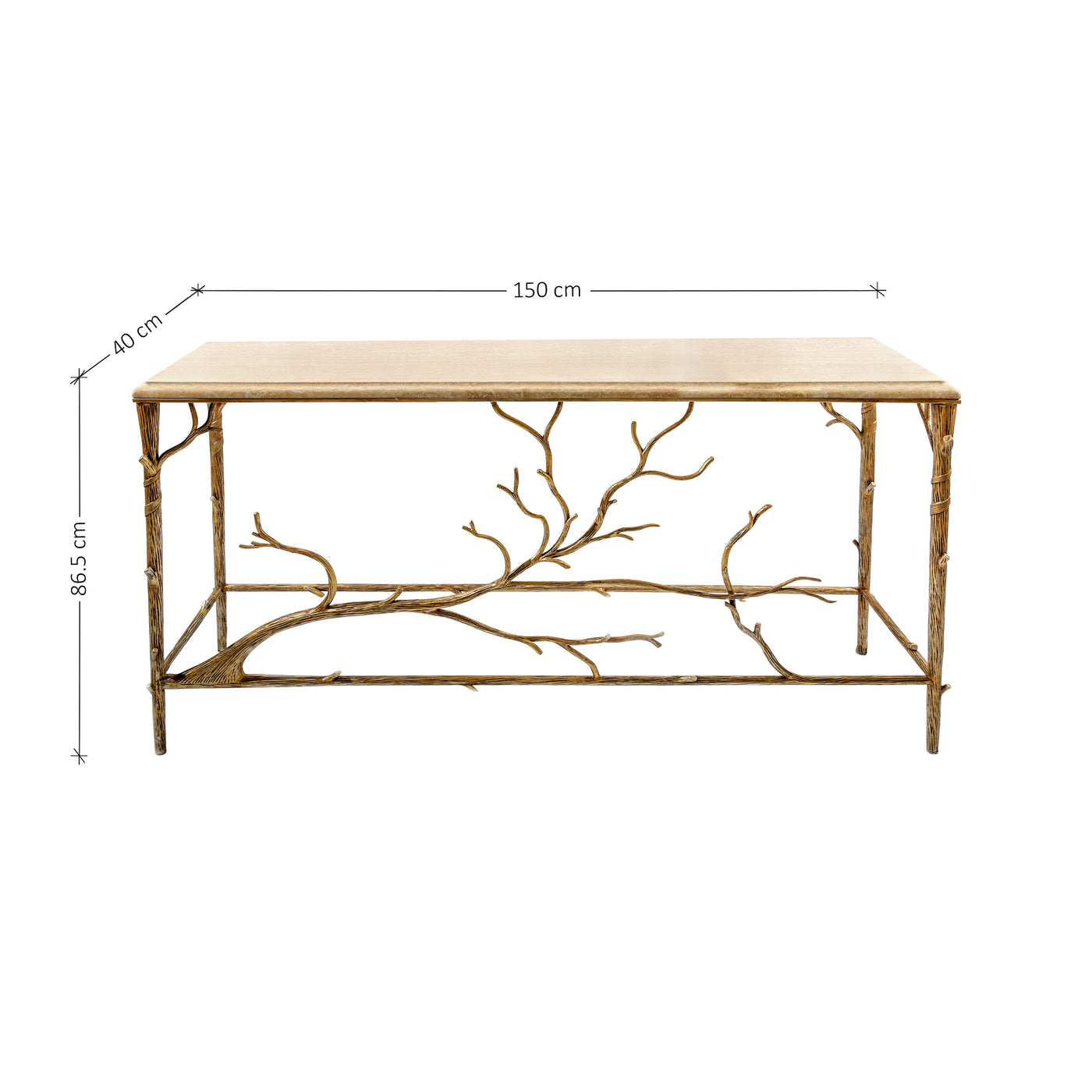 A luxury console with an organic branch-inspired base painted in an antique champagne finish, and topped with travertine marble; with annotated dimensions