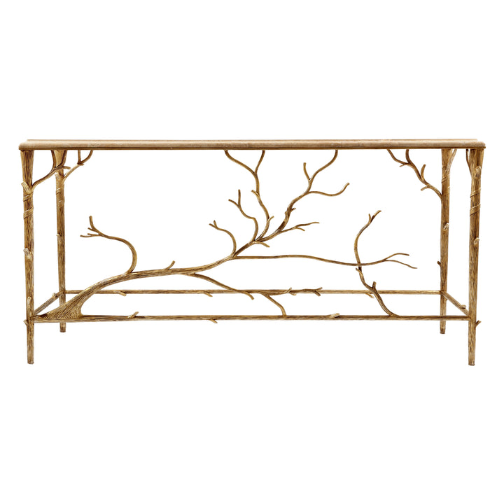 A unique console table with an organic branch-inspired base painted in an antique champagne finish, and topped with travertine marble