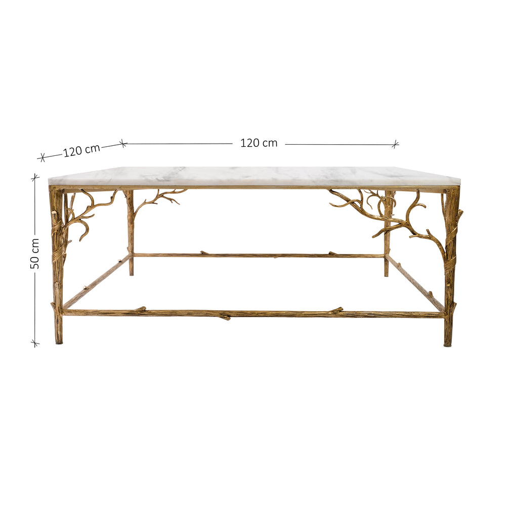 Square center table with legs inspired from nature's branches topped with white marble