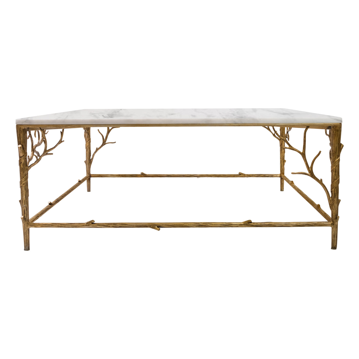 Contemporary square shaped coffee table stands on four legs in the shape of branches painted in an antique champagne color